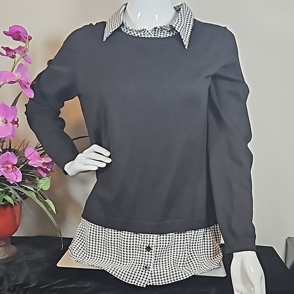 Adrianna Papell Layered Mixed Media Sweater with Houndstooth Collar / Hem Size L